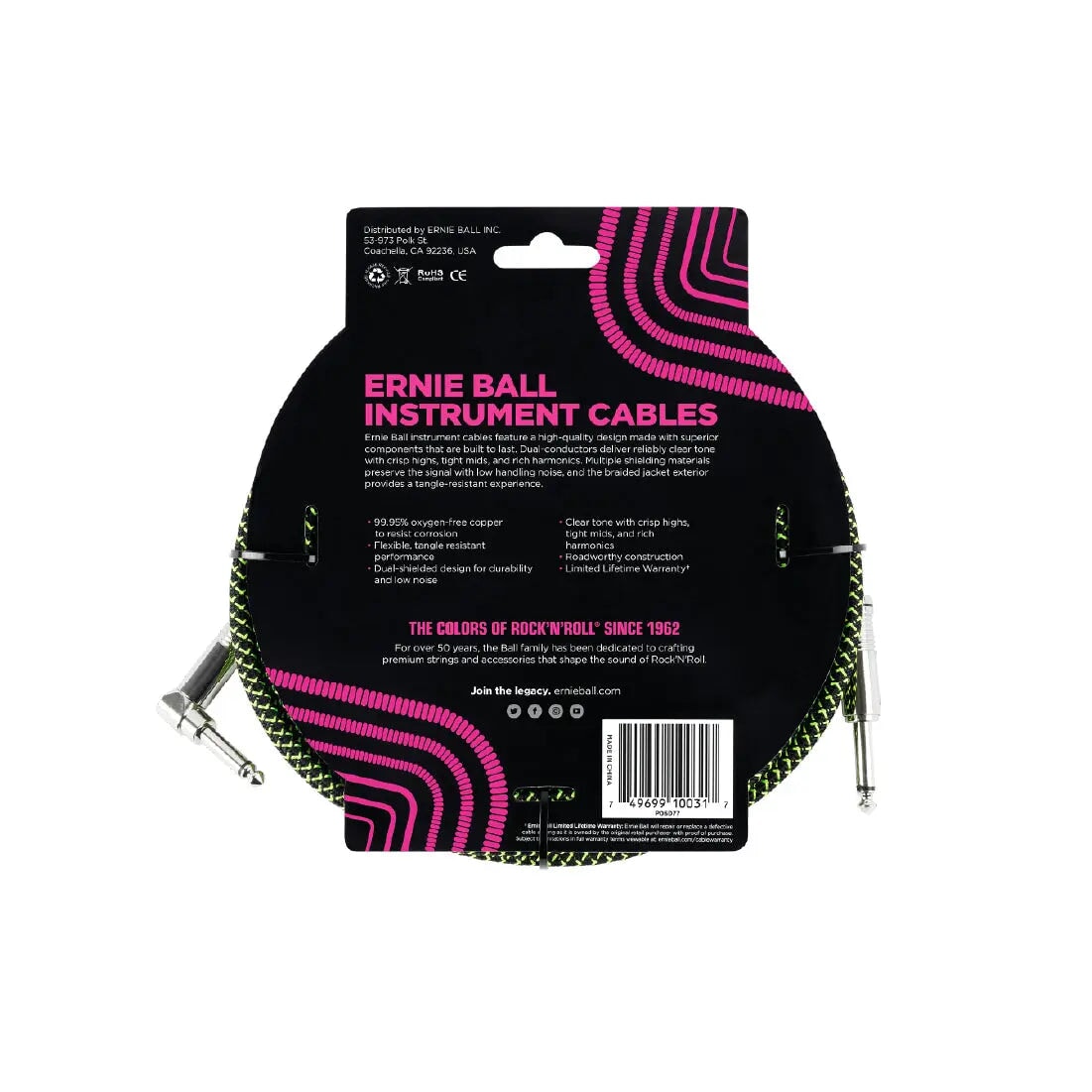 Ernie Ball 10' Braided Straight / Angle Instrument Cable - Black / Green Guitar Cables Ernie Ball Art of Guitar