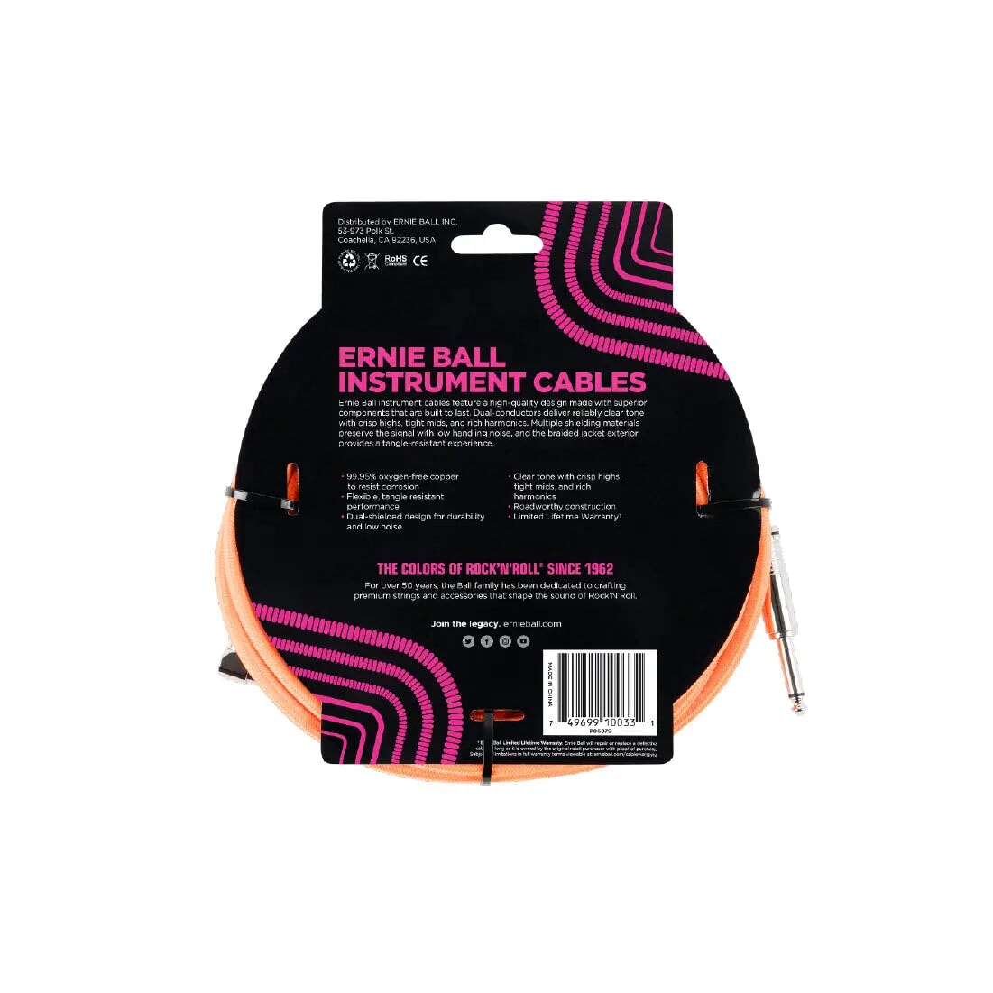 Ernie Ball 10' Braided Straight / Angle Instrument Cable - Neon Orange Guitar Cables Ernie Ball Art of Guitar