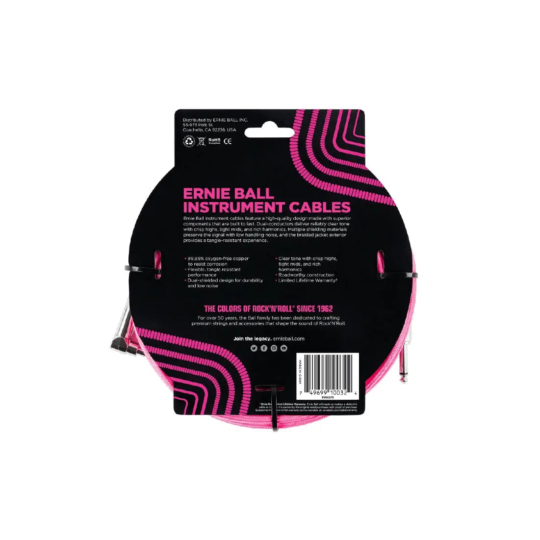 Ernie Ball 10' Braided Straight / Angle Instrument Cable - Neon Pink Guitar Cables Ernie Ball Art of Guitar