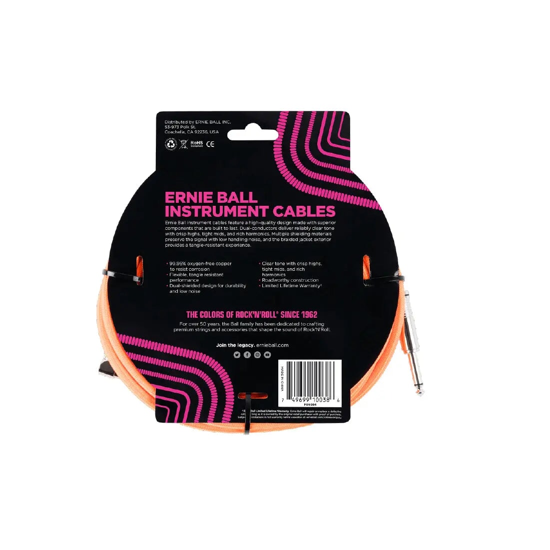 Ernie Ball 18' Braided Straight / Angle Instrument Cable - Neon Orange Guitar Cables Ernie Ball Art of Guitar