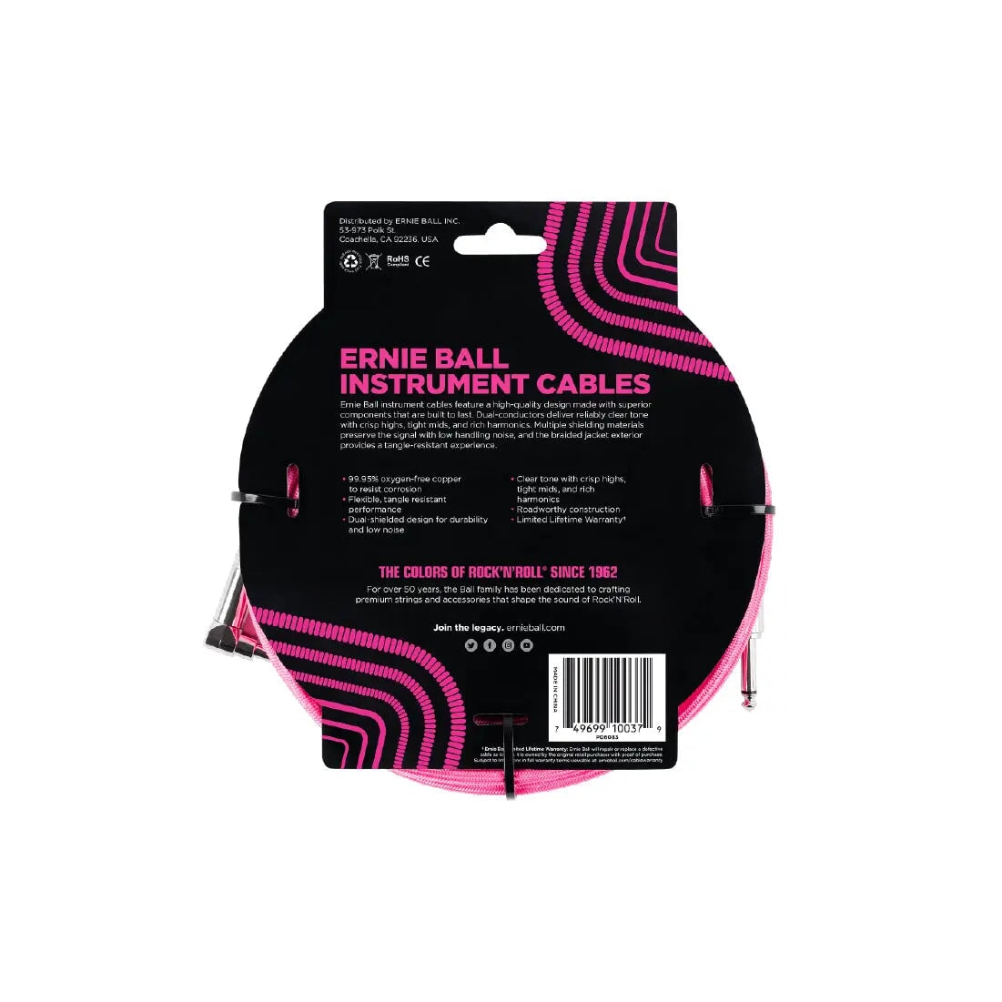 Ernie Ball 18' Braided Straight / Angle Instrument Cable - Neon Pink Guitar Cables Ernie Ball Art of Guitar
