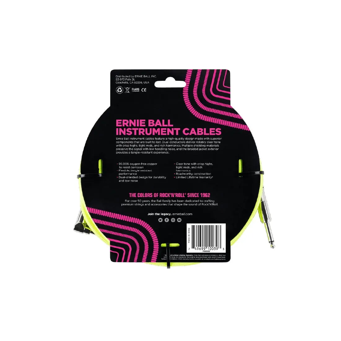 Ernie Ball 18' Braided Straight / Angle Instrument Cable Neon - Yellow Guitar Cables Ernie Ball Art of Guitar