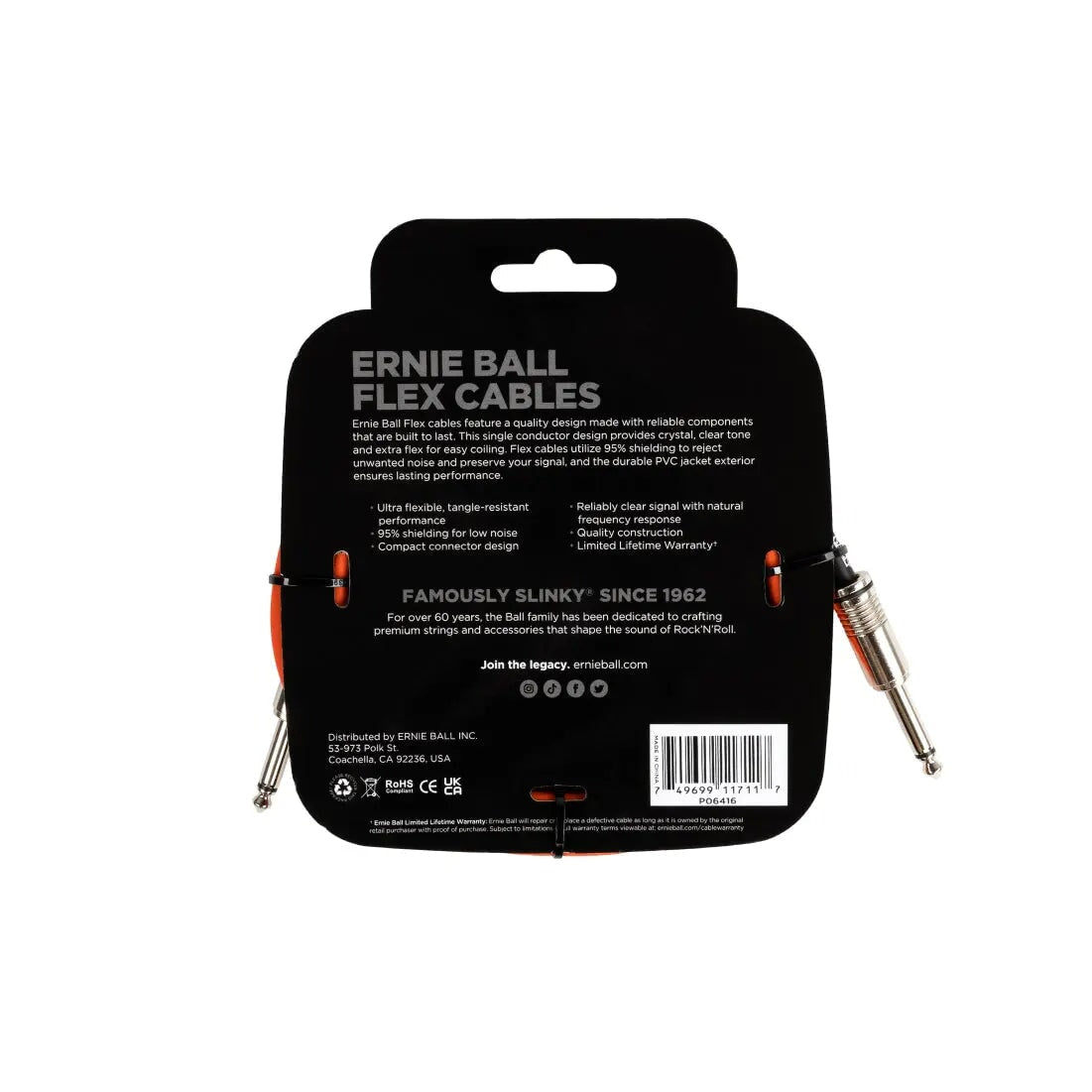 Ernie Ball Flex Instrument Cable Straight/Straight 10ft - Orange Cables Ernie Ball Art of Guitar