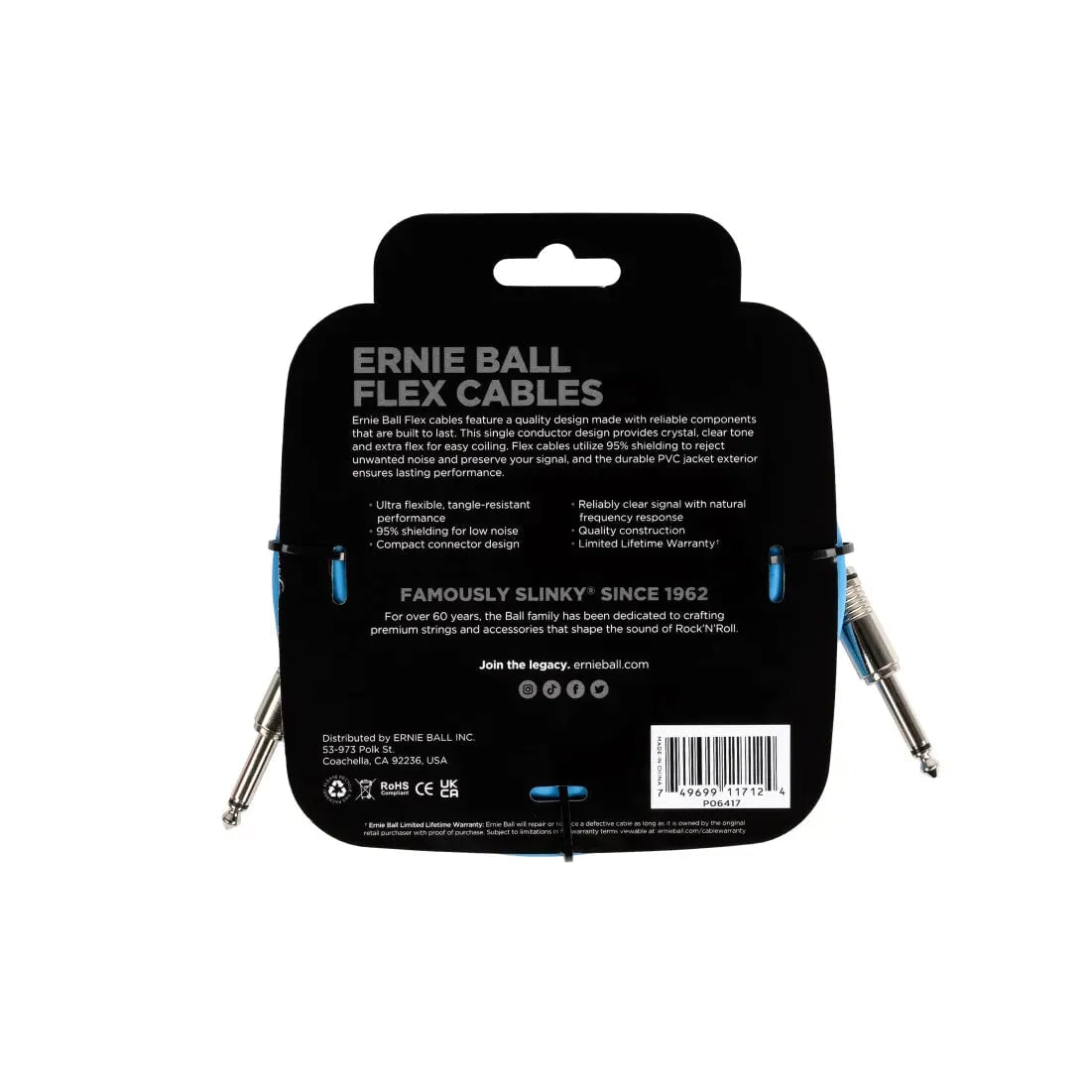 Ernie Ball Flex Instrument Cable Straight/Straight 20ft - Blue Cables Ernie Ball Art of Guitar