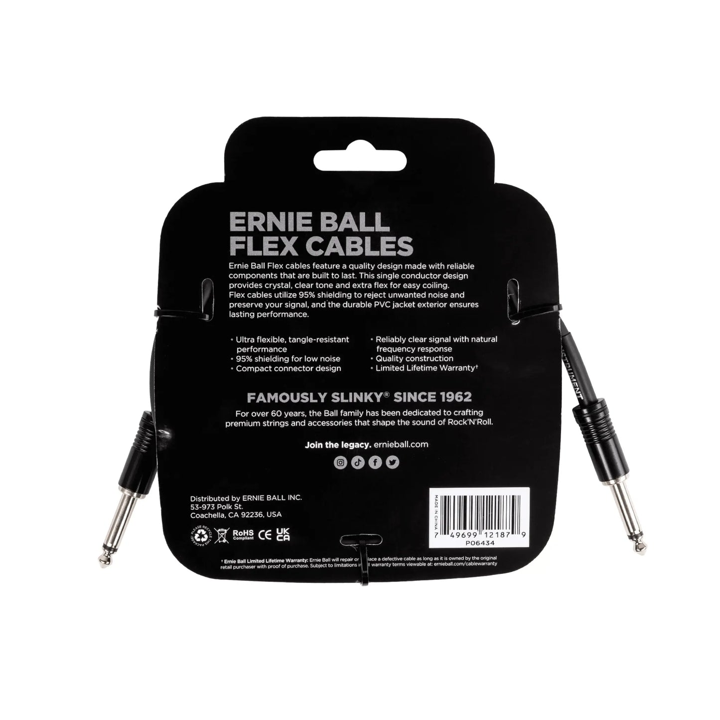 Flex Instrument Cable Straight/Straight 10ft - Black Guitar Accessories Ernie Ball Art of Guitar