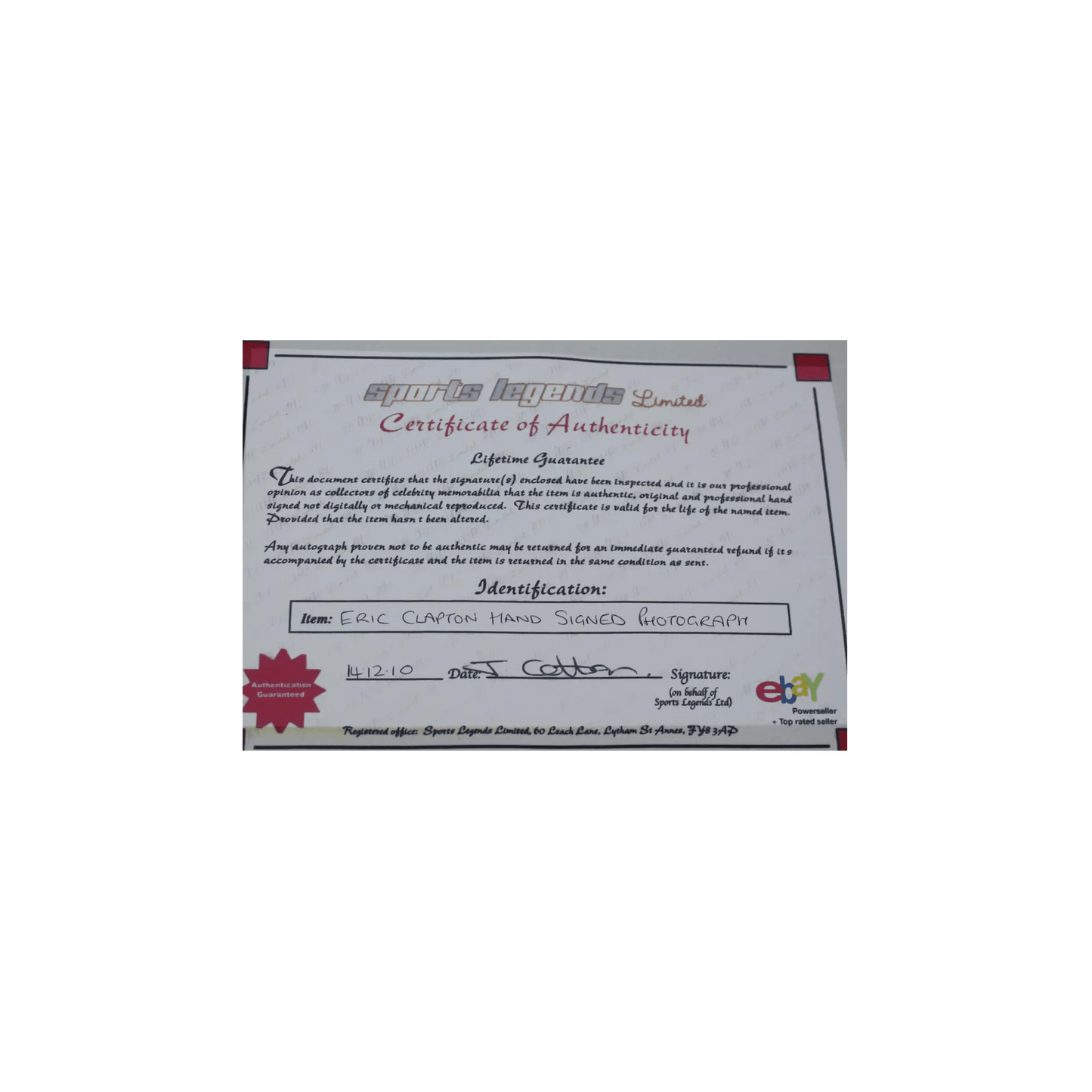 Eric Clapton - Autographed Framed Display Art of Guitar