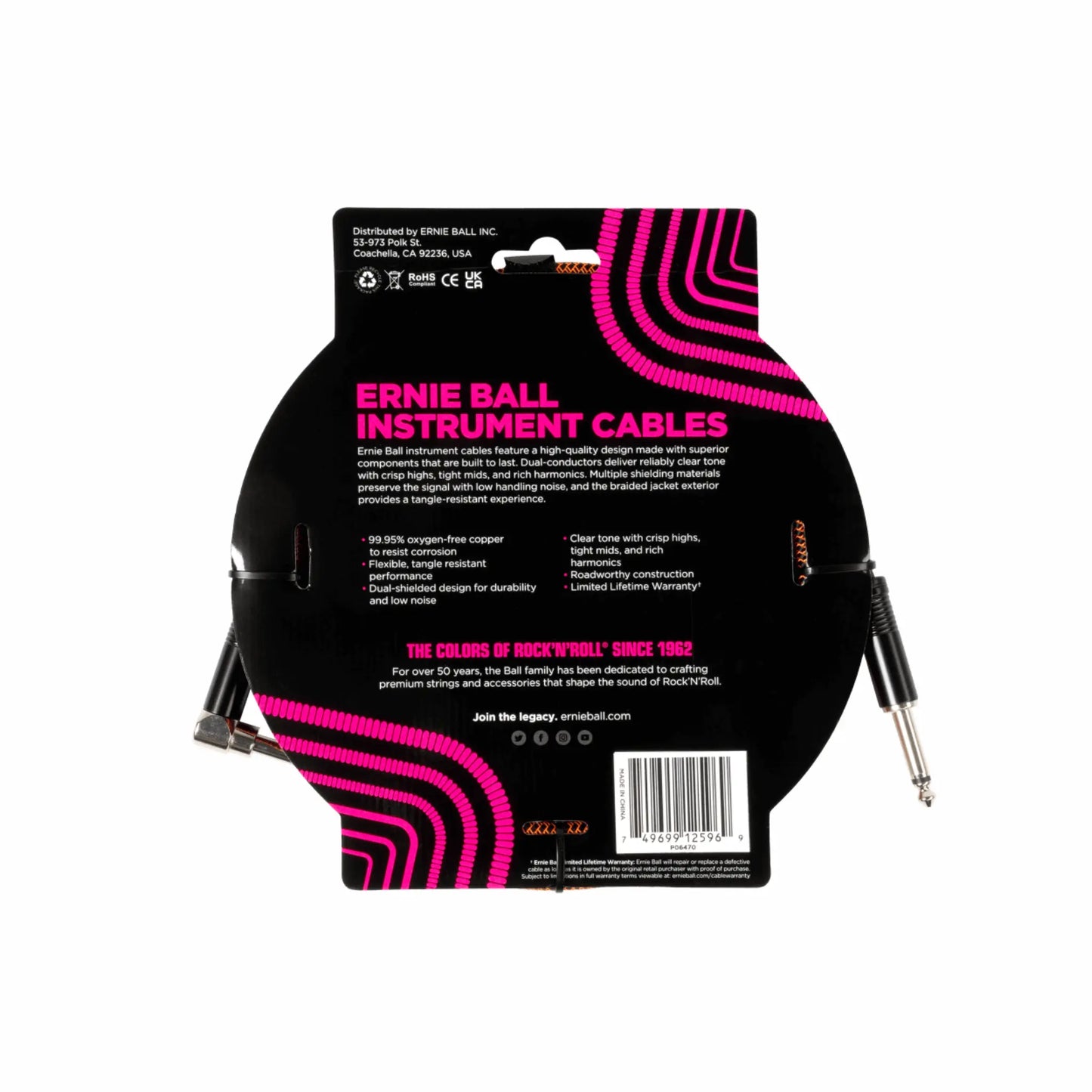 Braided Instrument Cable, Straight/Angle 10ft - Pumpkin Pie Guitar Accessories Ernie Ball Art of Guitar