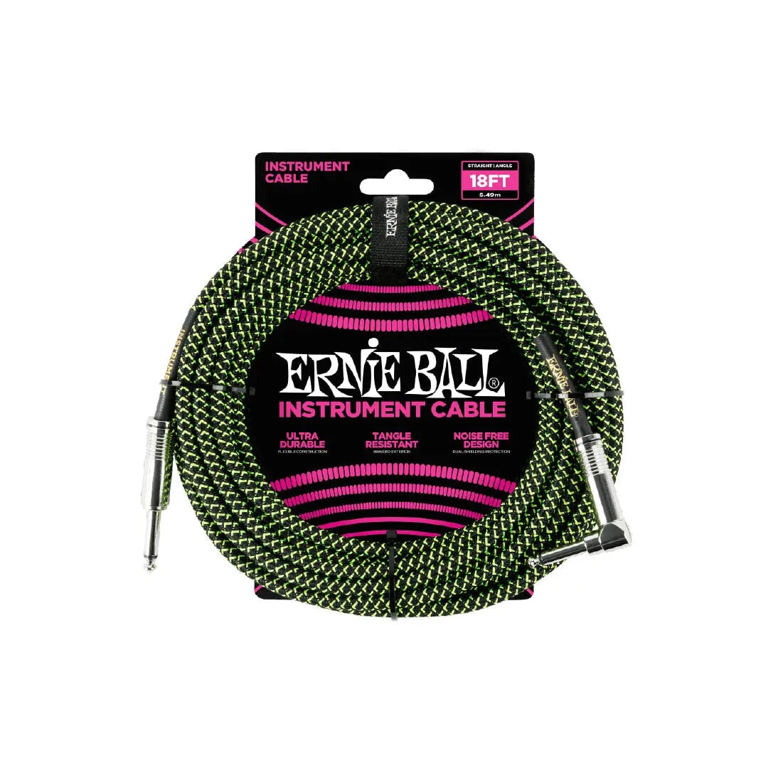 Ernie Ball 18' Braided Straight / Angle Instrument Cable - Black / Green Guitar Cables Ernie Ball Art of Guitar