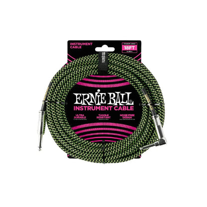 Ernie Ball 18' Braided Straight / Angle Instrument Cable - Black / Green Guitar Cables Ernie Ball Art of Guitar