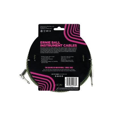 Ernie Ball 18' Braided Straight / Angle Instrument Cable - Black / Green Guitar Cables Ernie Ball Art of Guitar