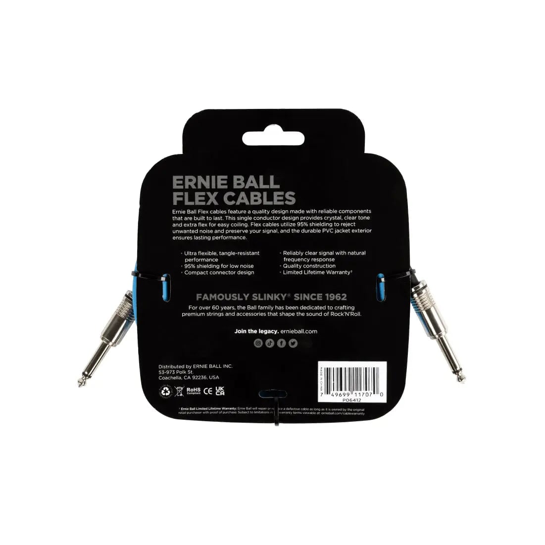 Ernie Ball Flex Instrument Cable Straight/Straight 10ft - Blue Cables Ernie Ball Art of Guitar