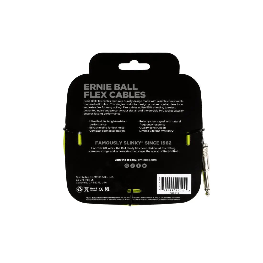 Ernie Ball Flex Instrument Cable Straight/Straight 20ft - Green Cables Ernie Ball Art of Guitar