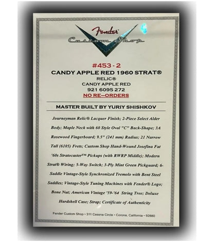 NAMM 2026 Fender Custom Shop 1960 Stratocaster Relic - Candy Apple Red - Master Built by Yuriy Shishkov Electric Guitars Fender Art of Guitar