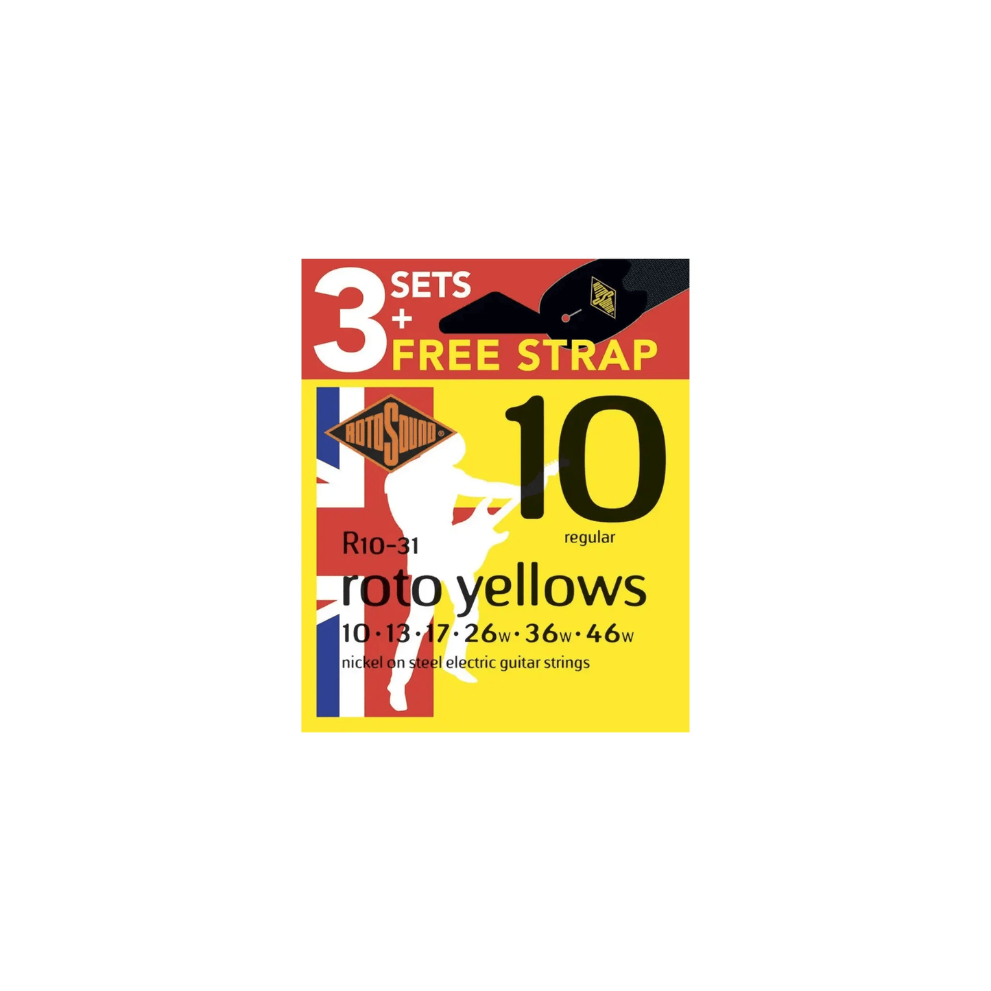 Rotosound Roto Yellows R10-31-F Electric Guitar Strings with Strap (Pack of 3) (10-46) Electric Guitar Strings Rotosound Art of Guitar